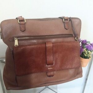 Fossil kinley messenger brown pebble leather satchel shopper handbag